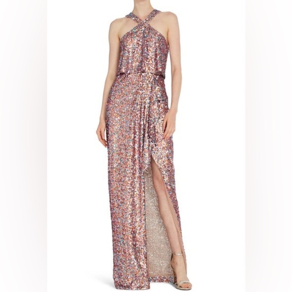 ML Monique Lhuillier Halter Sequined Gown